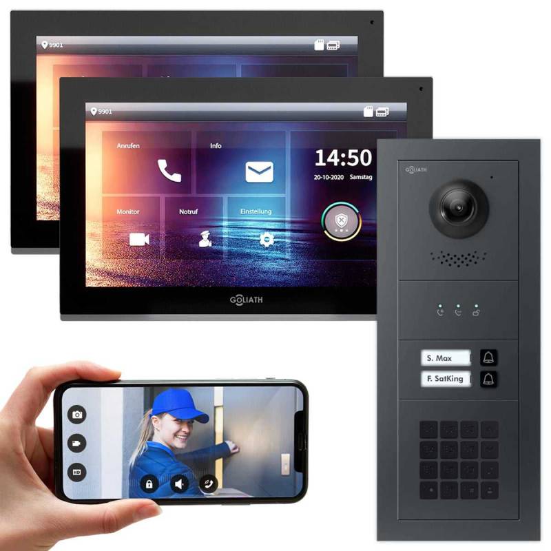 GOLIATH IP modulare Video Türsprechanlage Anthrazit Unterputz Set für 2 Familienhaus 2x 10 Monitor Schwarz + KeyPad & Feedback Modul von Goliath-Intercom