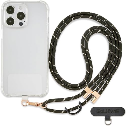 Golifyne Handykette Universal zum Umhängen | Handyband Kordel Kette für Outdoor, Reise, Unterweg Handy-Halterung | Phone Lanyard + 2 Stück Pad für alle Smartphone (ohne Hülle) - Schwarz/Gold von Golifyne