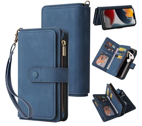 GoodcAcy Handyhülle für Samsung Galaxy S23 FE Hülle,Flip Case Lederhülle Reißverschluss Magnetverschluss Brieftasche mit 15 Kartenfächern Standfuntion Retro Ledertasche-Blau von GoodcAcy