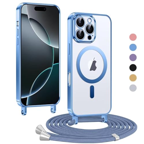 GoodcAcy Handykette Hülle für iPhone 14/iPhone 13 mit Band, Magnetische Transparent Handyhülle Kompatibel mit MagSafe, Kratzfeste Stossfest Schutzhülle mit Einstellbar Kette,Blau von GoodcAcy