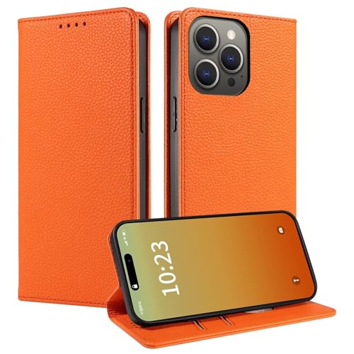 GoodcAcy Hülle Kompatibel mit iPhone 16 Plus Handyhülle TPU Echtleder Kartenfach Magnet Stand RFID Blocker,Stoßfest Flip Case Cover Schutzhülle Lederhülle,Orange von GoodcAcy