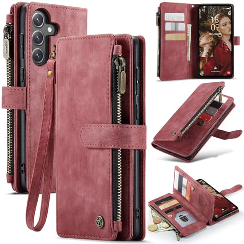 GoodcAcy Leder Brieftasche Hülle für Samsung Galaxy S22 Ultra,Flip Case Lederhülle Reißverschluss Magnetverschluss Brieftasche mit 9 Kartenfächern Standfuntion Retro Matt Ledertasche-Rot von GoodcAcy