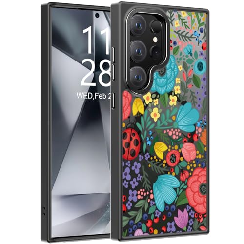 Goodon Schutzhülle für Galaxy S25 Ultra mit Displayschutzfolie, kompatibel mit kabellosem Laden, stoßfest, durchscheinend, matt, niedliches Blumendesign, für Damen und Mädchen, bunter Blumengarten von Goodon