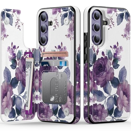 Goodon Schutzhülle für Samsung Galaxy S24 Plus – Klapphülle aus Leder mit trendigem Blumendesign, 3 Kartenfächern und Ständerfunktion, Schutzhülle für Damen und Mädchen, Lila blühende Blumen von Goodon