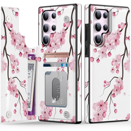 Goodon Schutzhülle für Samsung Galaxy S24 Ultra Wallet – Klapphülle aus Leder mit trendigem Blumendesign, 3 Kartenfächern und Ständerfunktion, Schutzhülle für Damen und Mädchen, elegante Kirsche von Goodon