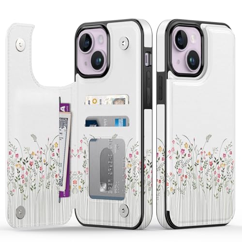 Goodon Schutzhülle für iPhone 13 – Klapphülle aus Leder mit trendigem Blumendesign, 3 Kartenfächern und Ständerfunktion, stilvolle Schutzhülle für Damen und Mädchen – niedliche kleine Blumen von Goodon