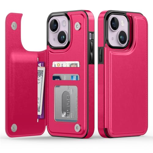 Goodon Schutzhülle für iPhone 13 Mini, Klapphülle aus Leder mit trendigem Design, 4 Kartenfächern und Ständerfunktion, stilvolle Schutzhülle für Damen und Mädchen, Hot Pink von Goodon