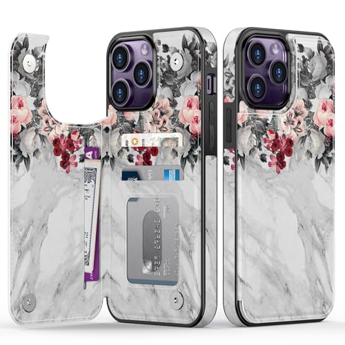 Goodon Schutzhülle für iPhone 13 Pro, Klapphülle aus Leder mit trendigem Blumendesign, 3 Kartenfächern und Ständerfunktion, stilvolle Schutzhülle für Damen und Mädchen, Blumen und grauer Marmor von Goodon