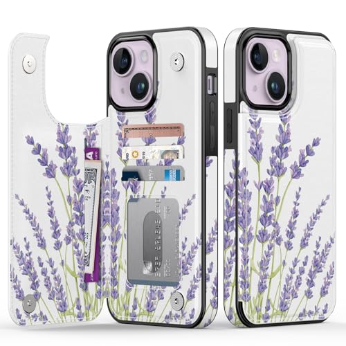 Goodon Schutzhülle für iPhone 15 Plus – Klapphülle aus Leder mit trendigem Blumendesign, 4 Kartenfächern und Ständerfunktion, stilvolle Schutzhülle für Damen und Mädchen – Lila Lavendel von Goodon