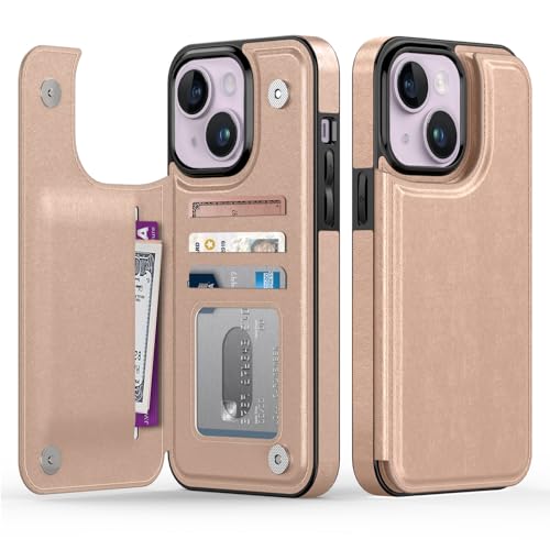 Goodon Schutzhülle für iPhone 15 Plus – Klapphülle aus Leder mit trendigem Design, 4 Kartenfächern und Ständerfunktion, stilvolle Schutzhülle für Damen und Mädchen – Roségold von Goodon