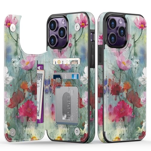 Goodon Schutzhülle für iPhone 15 Pro – Klapphülle aus Leder mit trendigem Blumendesign, 3 Kartenfächern und Ständerfunktion, stilvolle Schutzhülle für Damen und Mädchen – Designer-Blumen von Goodon