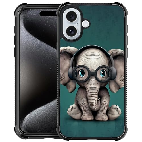 Goodsprout Kompatibel mit iPhone 16 Plus, mit Kopfhörern, niedlicher kleiner Elefant, erstaunliches Muster, stoßfest, kratzfest, harte Rückseite aus Polycarbonat für iPhone 16 Plus von Goodsprout