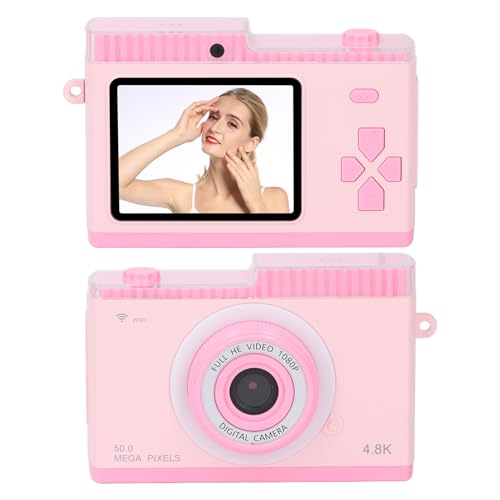 Digitalkamera, 48 MP 1080P HD-Vlogging-Kamera mit Doppelobjektiven Vorne und Hinten, 8-fachem Digitalzoom, 2,4-Zoll-Bildschirm, Autofokus-Anti-Shake-Videokamera für Jungen, (Rosa) von Goshyda