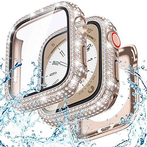 Goton 2-in-1 wasserdichte Bling Hülle für Apple Watch 44mm Serie 6 5 4 SE SE2 Displayschutzfolie, Glitzer Diamant Strass Bumper Face Cover für iWatch 44mm Zubehör Damen von Goton