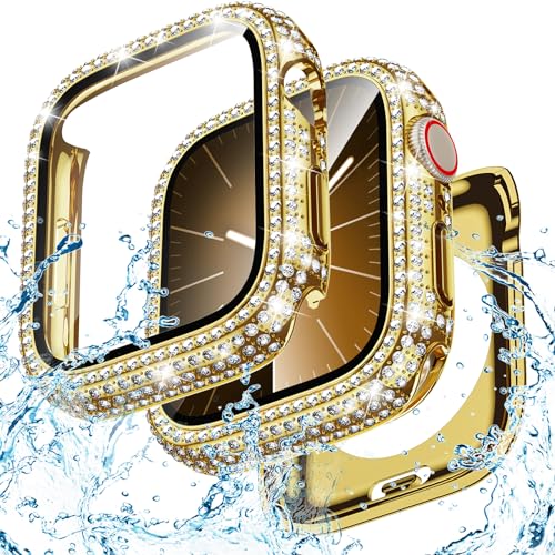 Goton 2 in 1 wasserdichte Bling Hülle für Apple Watch Series 9 8 7 45mm Displayschutzfolie, voller Glitzer Diamant Strass Bumper Gesichtsabdeckung für iWatch Zubehör Frauen 45mm Gold von Goton