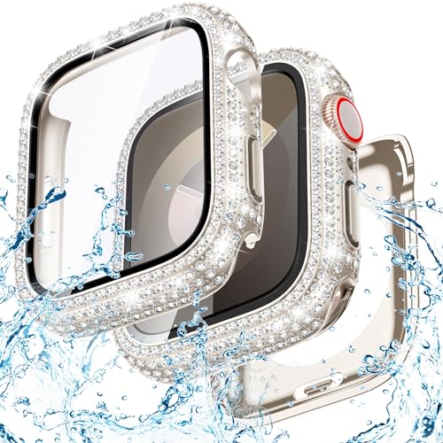 Goton 2-in-1 wasserdichte Bling Hülle für Apple Watch Series 9 8 7 Displayschutzfolie 41 mm Glitzer Diamant Strass Bumper Face Cover für iWatch 41 mm Zubehör Damen von Goton