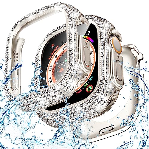 Goton 2 in 1 Wasserdichte Bling Hülle für Apple Watch Ultra Displayschutzfolie 49 mm, Full Glitter Diamant Strass Bumper Face Cover für iWatch Ultra Ultra2 Zubehör 49mm Starlight von Goton