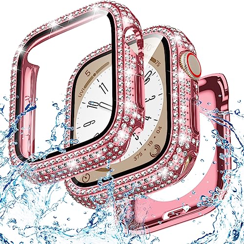 Goton 2 in 1 wasserdichte Bling Hülle für Apple Watch 40 mm Displayschutzfolie SE (2nd Gen) Series 6 5 4, Full Glitter Diamant Strass Bumper Face Cover für iWatch Zubehör Damen 40 mm Rose Pink von Goton