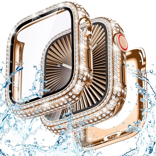 Goton 2-in-1 wasserdichte Bling Hülle kompatibel mit Apple Watch Displayschutzfolie 40 mm 41 mm 42 mm 44 mm 45 mm 46 mm Ultra 49 mm Serie 10 9 8 7 6 5 4 SE 2, Glitzer-Strass-Gesichtsabdeckung für von Goton