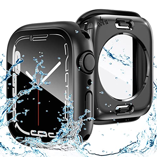 Goton 2 in 1 wasserdichte Hülle für Apple Watch Series 7 45mm Displayschutz, 360 Schutzglas Face Cover Hard PC Bumper + Back Frame für iWatch 7 Zubehör 45mm, Schwarz von Goton