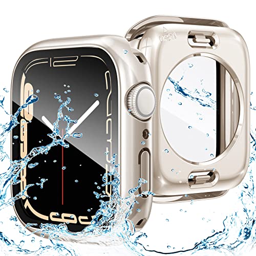 Goton 2 in 1 wasserdichte Hülle für Apple Watch Series 9 8 7 41mm Displayschutzfolie, 360 Grad Schutzglas Gesichtsabdeckung Hard PC Bumper + Back Frame für iWatch 9/8/7 Zubehör 41mm, Starlight von Goton