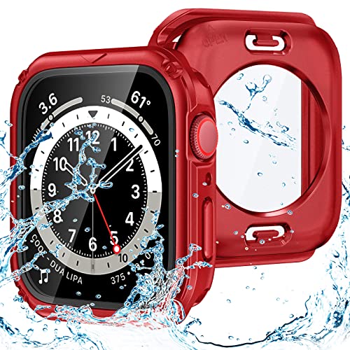 Goton 2 in 1 wasserdichte robuste Hülle für Apple Watch Displayschutzfolie 44mm Serie 6 5 4 SE, 360 Schutzglas Gesichtsabdeckung Hard PC Bumper + Rückrahmen für iWatch Zubehör 44mm Rot von Goton