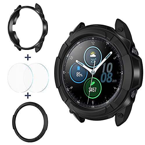 Goton 3-in-1-Zubehör für Samsung Galaxy Watch 3 45 mm, 1 robuste TPU-Schutzhülle + 2 Displayschutzfolien aus gehärtetem Glas + 1 Lünettenring für Galaxy Watch 3 45 mm (Schwarz, 45 mm) von Goton