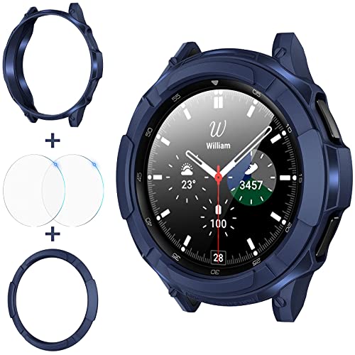 Goton 3-in-1 Zubehör für Samsung Galaxy Watch 4 Classic 46 mm, 1 robuste TPU-Schutzhülle + 2 Displayschutzfolien aus gehärtetem Glas + 1 Ring für Galaxy Watch 4 Classic 46 mm, Blau von Goton