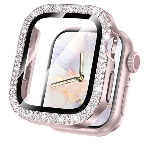 Goton Bling Displayschutzfolie für Apple Watch Hülle 40 mm SE (2nd Gen) Serie 6 5 4 für Frauen, doppelter Glitzer-Diamant-Strass, Gesichtsabdeckung für iWatch-Zubehör, 40 mm, Rosa von Goton