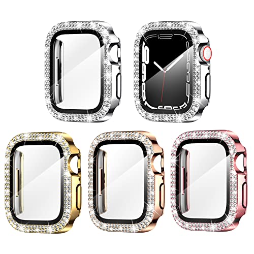 Goton Displayschutzfolie für Apple Watch, 38 mm, Serie 3/2/1, glitzernde Hülle, Damen, Glitzer, Diamant, Strass, Gesichtsabdeckung für iWatch-Zubehör, 38 mm, Silber, Gold, Rosa, 4 Stück von Goton