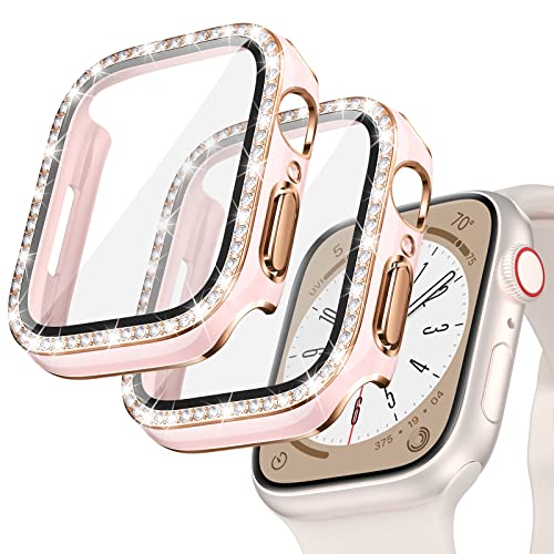 Goton Displayschutzfolie für Apple Watch Series 7 & 8, 41 mm, mit gehärtetem Glas, Damen, Glitzer, Diamant, Strass, vollständige Schutzhülle für iWatch-Zubehör, 41 mm, Rosa, 2 Stück von Goton