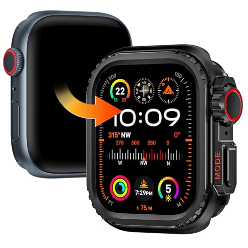 Goton Metall-Stoßdämpfer-Schutzhülle für Apple Watch Serie 9, 8, 7, 45 mm, [verwandelt 45 mm nahtlos in Ultra], robuster Bumper mit Rückenabdeckung, erhöhter Rand, Displayschutz, Schwarz von Goton