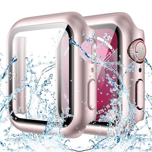 Goton Wasserdichte Hülle für Apple Watch 40 mm SE (2nd Gen) Series 6 5 4 Displayschutzfolie, gehärtetes Glas Hart-PC Bumper Face Cover Entworfen für iWatch Zubehör 40 mm Original Rosa von Goton