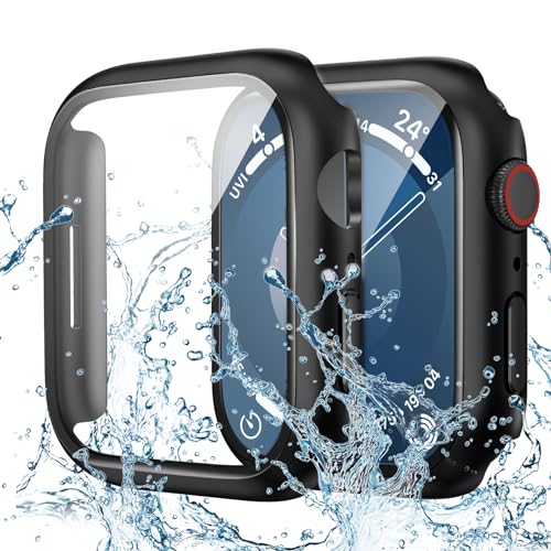 Goton Wasserdichte Hülle für Apple Watch Series 8 & Series 7 45 mm Displayschutzfolie, Vollschutz, harte PC-Bumper Face Cover Zubehör Kompatibel mit iWatch 45 mm Schwarz von Goton