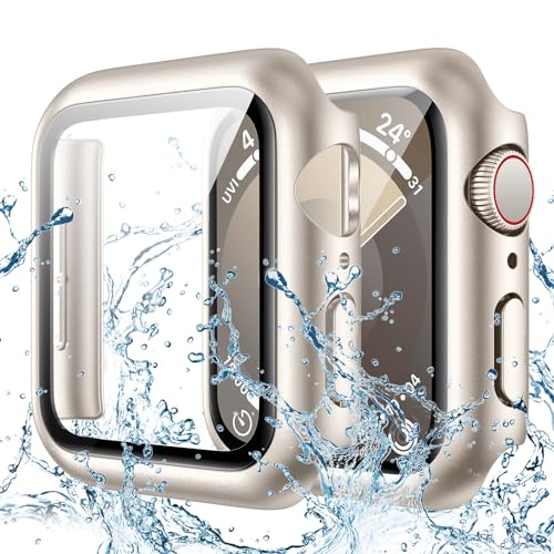 Goton Wasserdichte Schutzhülle für Apple Watch 41 mm Serie 7 & Serie 8 mit Glas-Displayschutzfolie, iWatch Vollschutz, harte PC-Bumper-Gesichtsabdeckung für Männer und Frauen, 41 mm, Sternenlicht von Goton