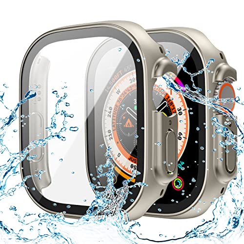 Goton Wasserdichtes Gehäuse für Apple Watch Ultra Ultra2 49 mm Displayschutzfolie, voller Schutz, harter PC-Stoßfänger, Gesichtsabdeckung, Zubehör, entworfen für iWatch 49 mm, Titan von Goton