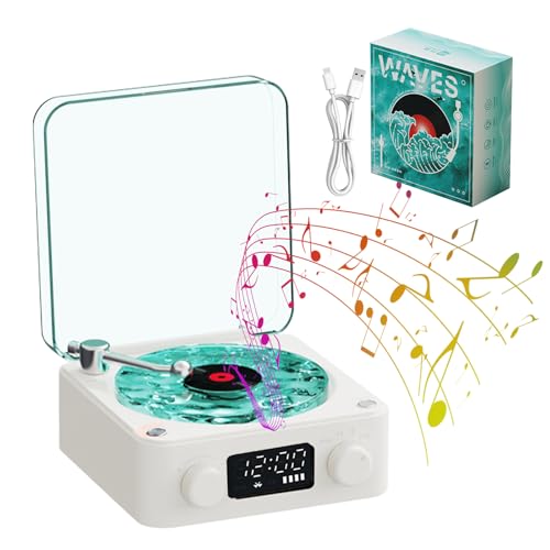 Vinyl-Lautsprecher, The Waves Vinyl Record Player Mini Retro White Noise Speaker Portable with 4 Sounds of Nature, Portable Waves Vinyl Speaker with RGB Light (White) von Gotrain