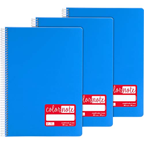 Grafoplás 98523330 Notizbücher mit Spiralbindung, A4, kariert, 4 mm, 80 Blatt, 90 g, blau, Deckel aus Polypropylen, Serie ColorNote von Grafoplás