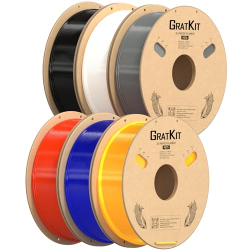 GratKit PETG 3D-Drucker-Filament 6 kg, PETG-Filament 1,75 mm, 3D-Druck-Filament PETG Schwarz, Weiß, Grau, Rot, Transparentes Blau, Transparentes Gelb von GratKit