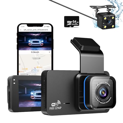 Dashcam Auto 1296P Vorne Full HD Dash Camera Auto 64G SD Karte,3.0" IPS-Bildschirm Dual Kamera mit WiFi,GPS,480P Hinten,Loop-Aufnahme,140°Weitwinkel,APP-Steuerung,Rückfahrhilfe,Nachtsicht,Max 128GB von Greatzer