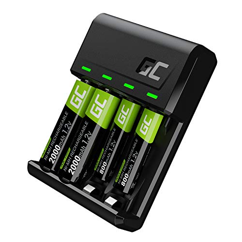 Green Cell VitalCharger Ladegerät + 2X AA 2000mAh + 2X AAA 800mAh für NI-MH AA AAA R6 R03 Mignon Akku. Mit Micro USB-C. 4-Kanal-Ladesystem - lädt ab 1 bis 4 AA oder AAA, LED-Signalisierung von Green Cell