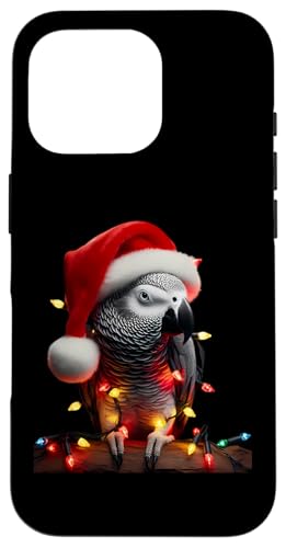 Hülle für iPhone 16 Pro Grauer Papagei mit Weihnachtsmütze und Weihnachtsbeleuchtung von Grey Parrot With Santa Hat And Christmas Products