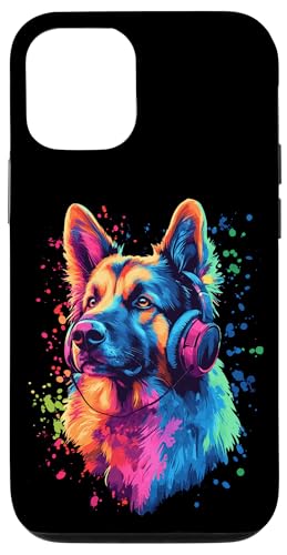 Hülle für iPhone 12/12 Pro Groovy German Shepherd Art trägt Kopfhörer von Groovy Animal Apparel