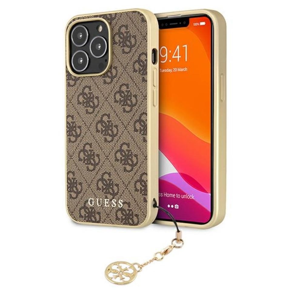 Guess Handyhülle Case iPhone 13 Pro Kunstleder braun mit Kette goldfarbig 6,1 Zoll, Kantenschutz von Guess