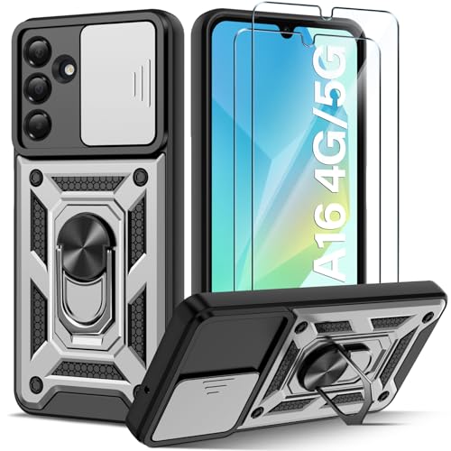 Guisessy für Samsung Galaxy A16 5G / 4G Hülle, für Samsung A16 Handyhülle Kameraschutz Slide Camera und 2 Stück Schutzfolie, Drehbarer Fingerring Ständer Stoßfest Schutzhülle - Silber von Guisessy