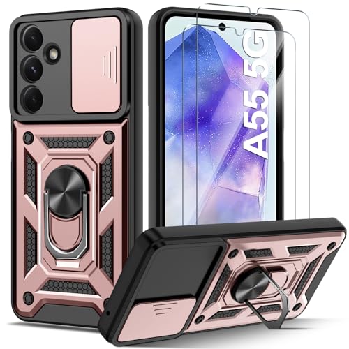 Guisessy für Samsung Galaxy A55 5G Hülle, für Samsung A55 Handyhülle Kameraschutz Slide Camera und 2 Stück Schutzfolie, Drehbarer Fingerring Ständer Militärqualität Schutzhülle - Roségold von Guisessy