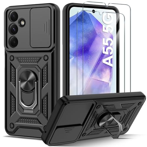 Guisessy für Samsung Galaxy A55 5G Hülle, für Samsung A55 Handyhülle Kameraschutz Slide Camera und 2 Stück Schutzfolie, Drehbarer Fingerring Ständer Militärqualität Schutzhülle - Schwarz von Guisessy