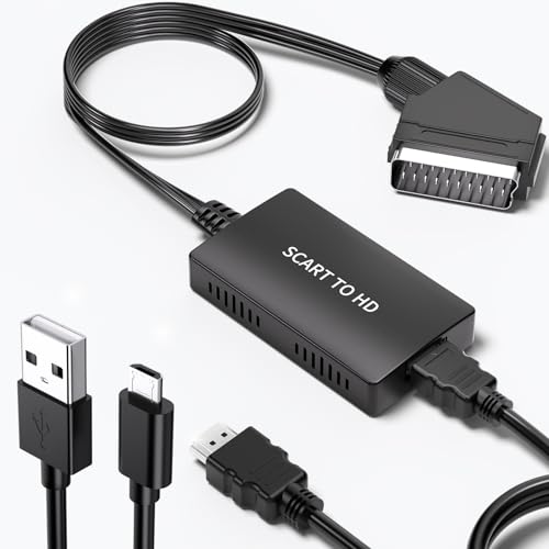 Gulemfy Scart auf HDMI Adapter, Männlicher Adapter Scart auf HDMI, 720P/1080P Video Audio Konverter, Scart HDMI Adapter mit Scart Kabel HDMI Kabel und USB Netzkabel für PS3 DVD Xbox STB VHS Sky von Gulemfy