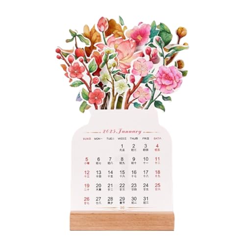 Blooming Bouquet Kalender, Monatsplaner Tischkalender, Vasenförmiger Kalender 2025, Holzsockel Schreibtischkalender, Blühende Blumen, lustiger Schreibtischkalender, Schreibtischkalender mit Holzsockel von Gungtj