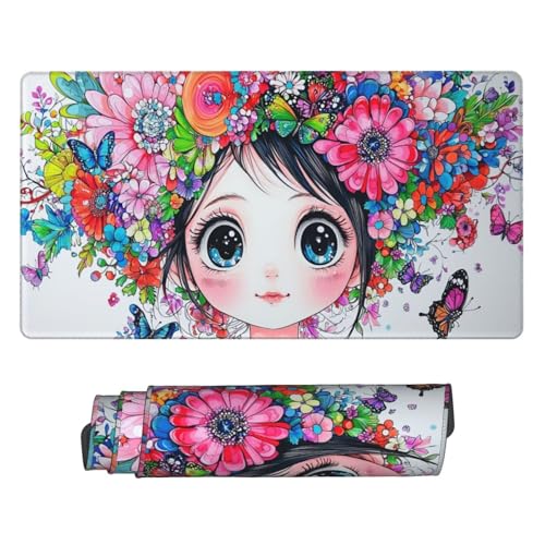 Gaming Mauspad, Groß Mouse Mat XXL 900x400x3mm Desk Mat Girl Flowers Mousepad Stitched Edges, Non-Slip Rubber Base Mouse Pads Improved Precision and Speed Keyboard Mat for Men Gamers Geschenke N-825 von Guuogxan